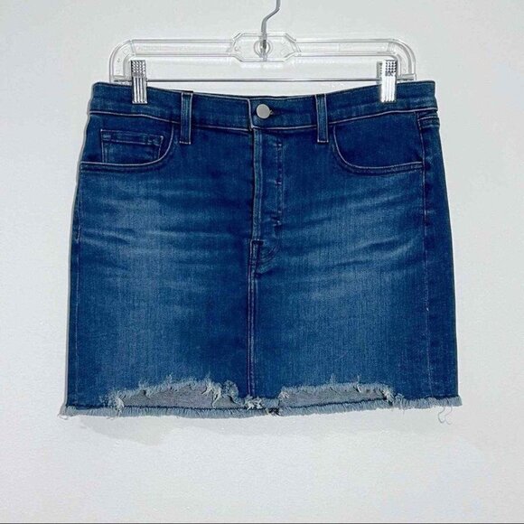 J Brand Bonny Mid Rise Mini Jean Skirt In Galaxy Wash Frayed Hem - Picture 1 of 4